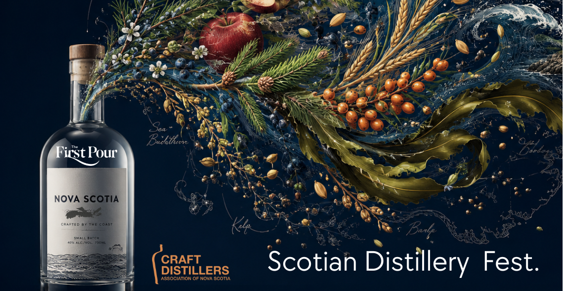 Scotian Distillery Fest artwork with a Nova Scotia spirits bottle and coastal botanicals.