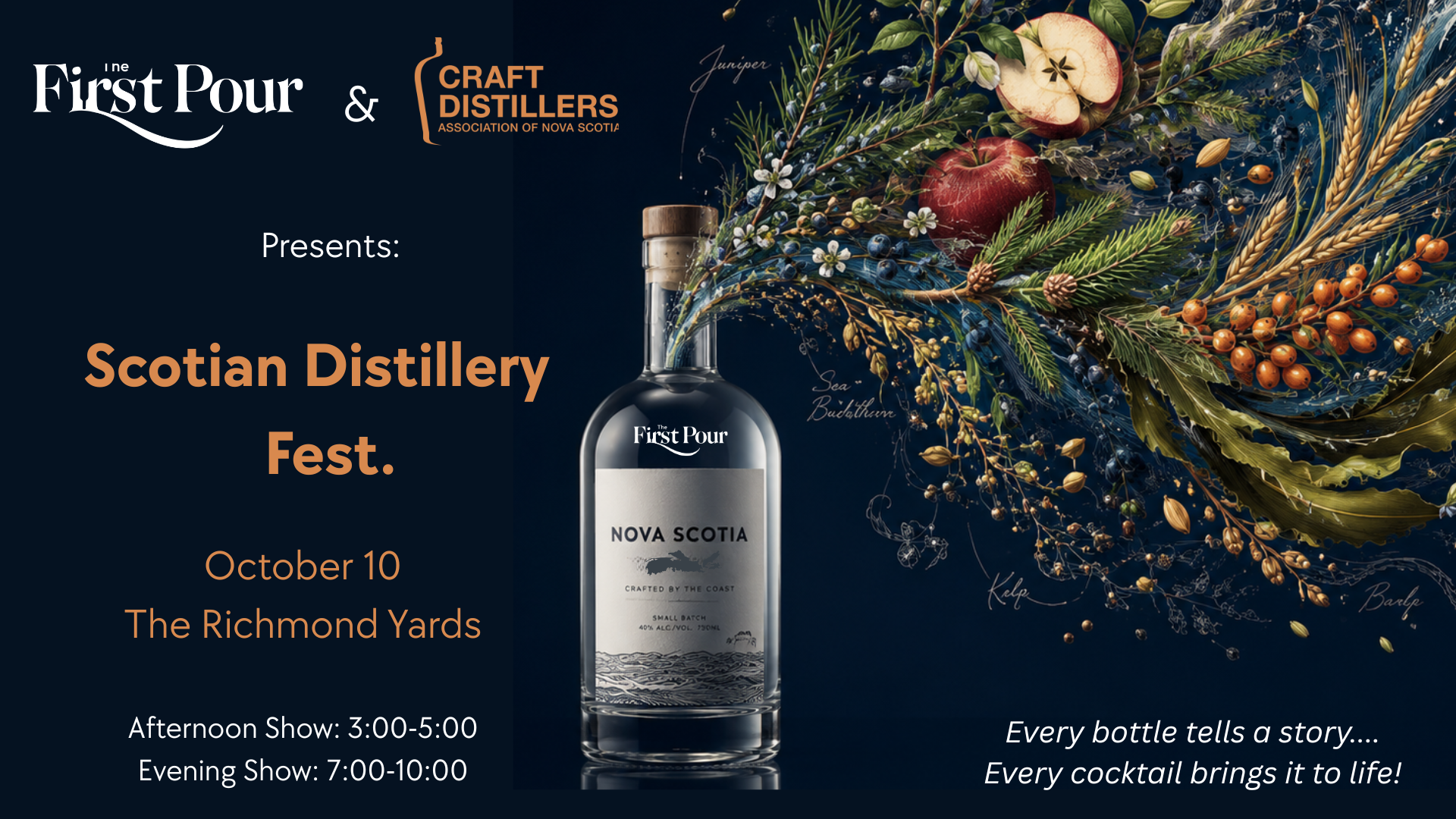 Scotian Distillery Fest artwork featuring a Nova Scotia spirits bottle surrounded by apples, juniper, berries, grain, and coastal botanicals.
