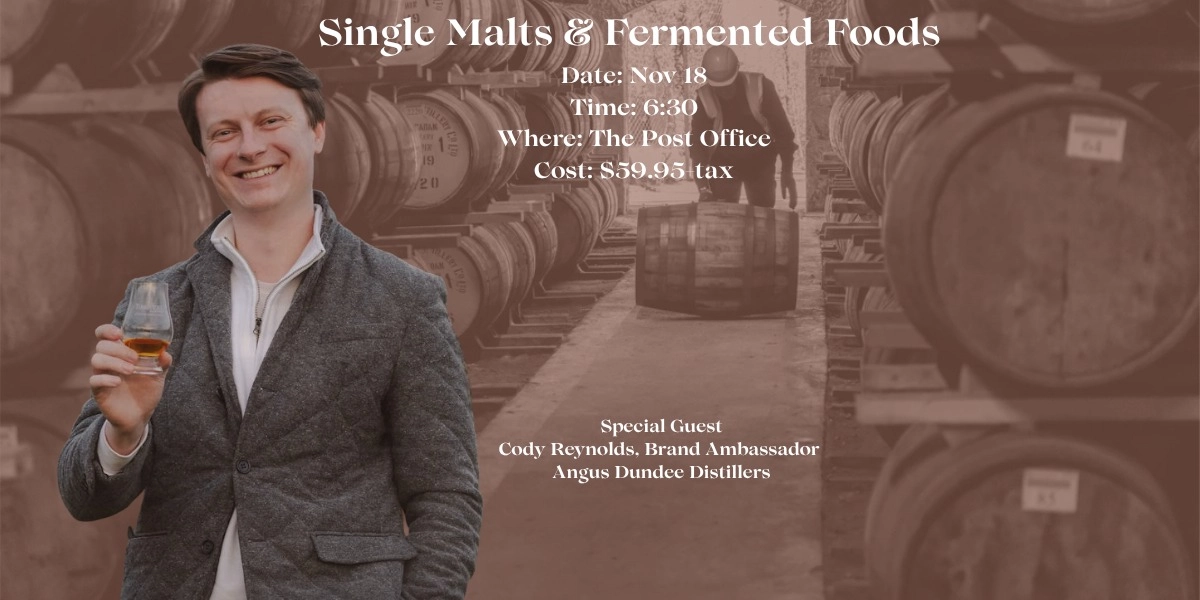 Single Malts & Fermented Foods event artwork with Cody Reynolds holding a whisky glass in a barrel cellar.